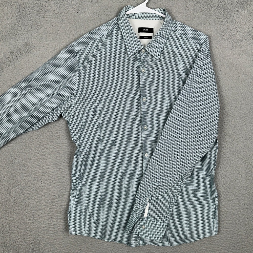 Hugo Boss Shirt Men XL Slim Fit Teal White Geometric Dress Button Up Long Sleeve